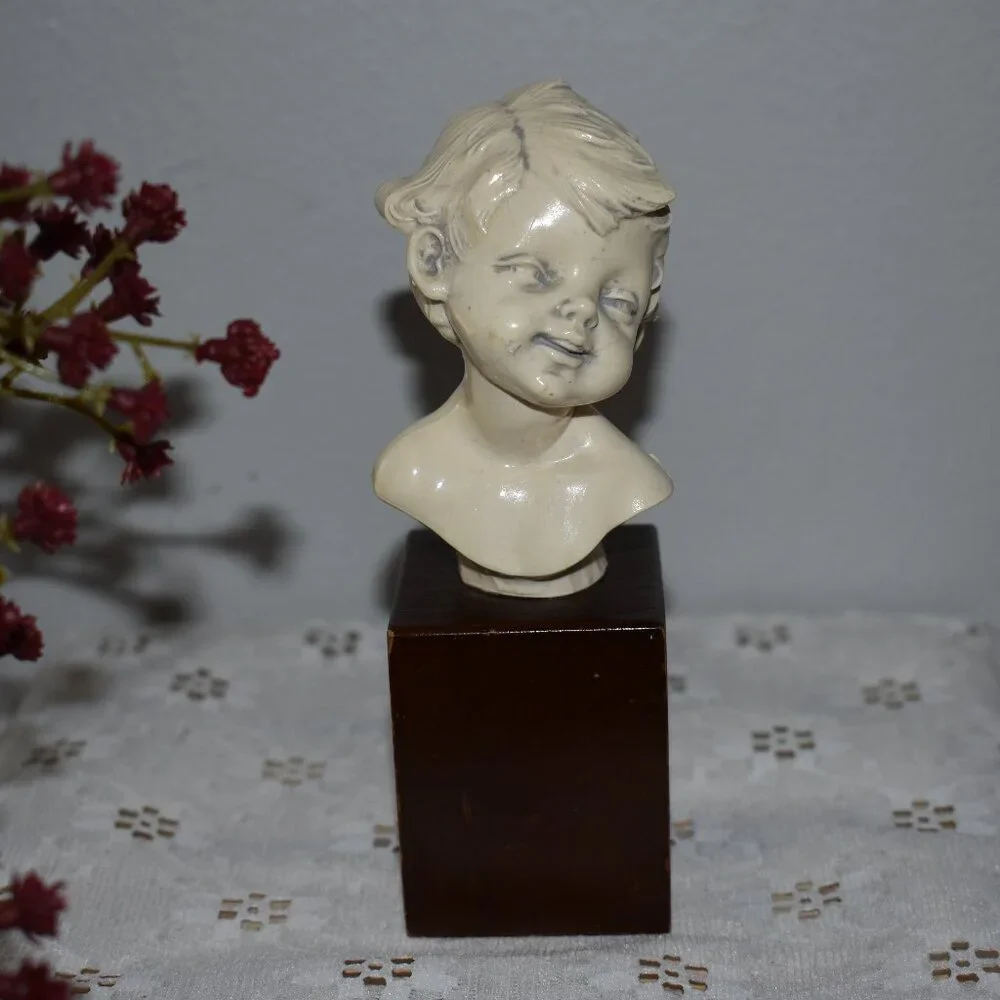 Antique Vintage Petit Resin Small Sculpture Smiling Boy Bust Decor